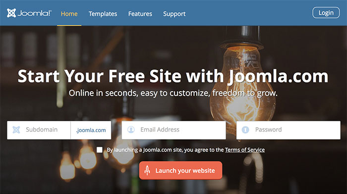Image showing the Joomla.com landing page, requiring domain name, email address and password